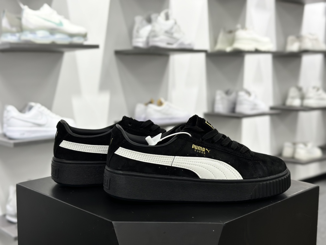 彪马PUMA Suede Platform Women's二代松糕复古休闲运动百搭显高板鞋“全黑白标金LOGO”362223-05