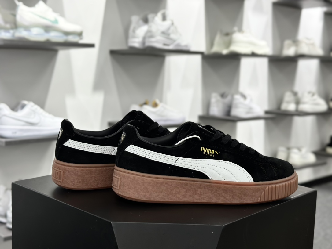 彪马PUMA Suede Platform Women's二代松糕复古休闲运动百搭显高板鞋“黑白标胶黄底金LOGO”363559-02