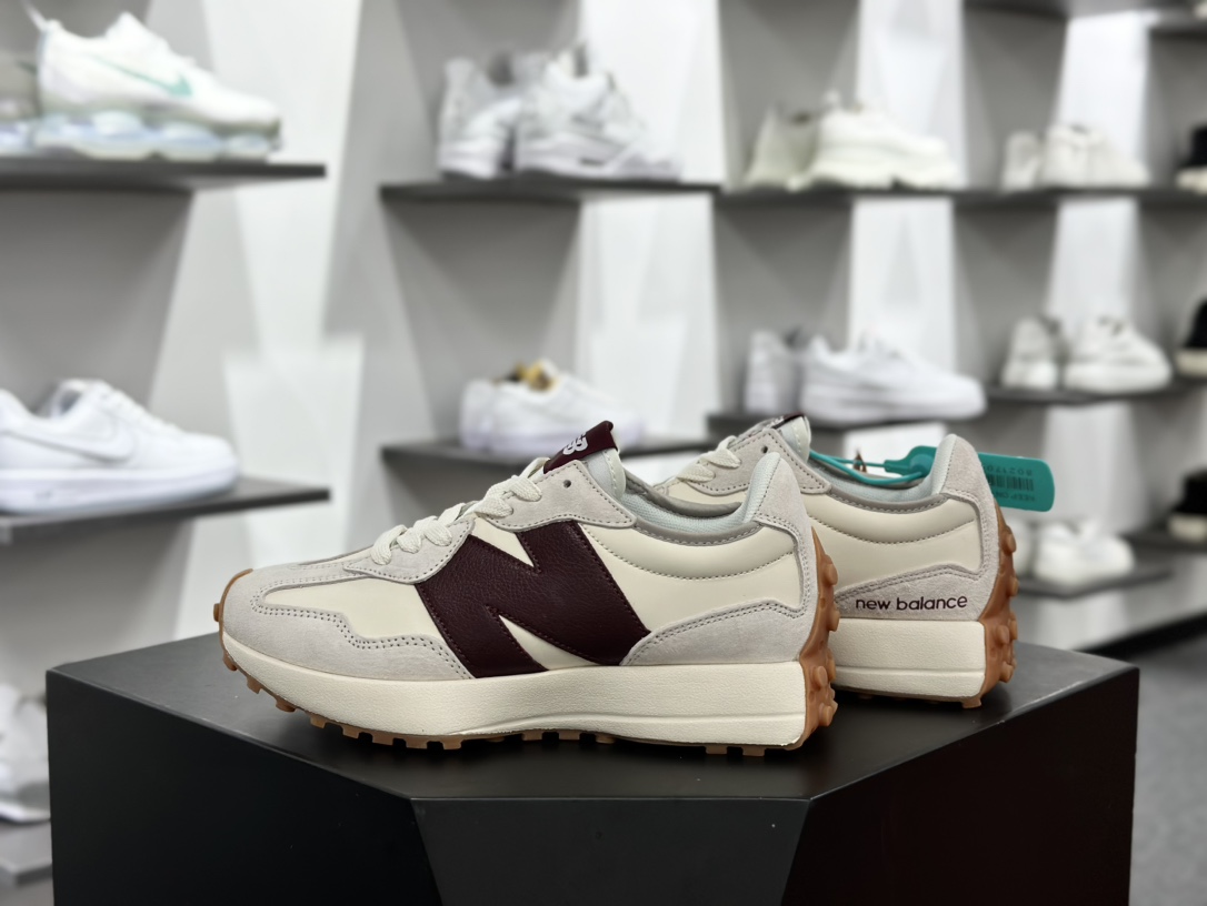 New Balance MS327系列复古休闲运动慢跑鞋“皮革米白酒红生胶底”MS327KA