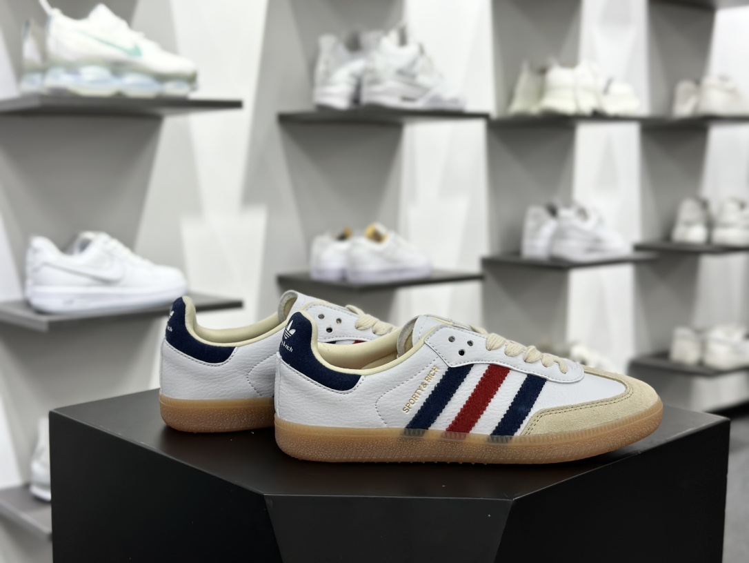 Sporty & Rich x Adidas Originals Samba OG”Olympics”桑巴舞系列绅士运动板鞋“联名白藏蓝学院红金牌”IH8338