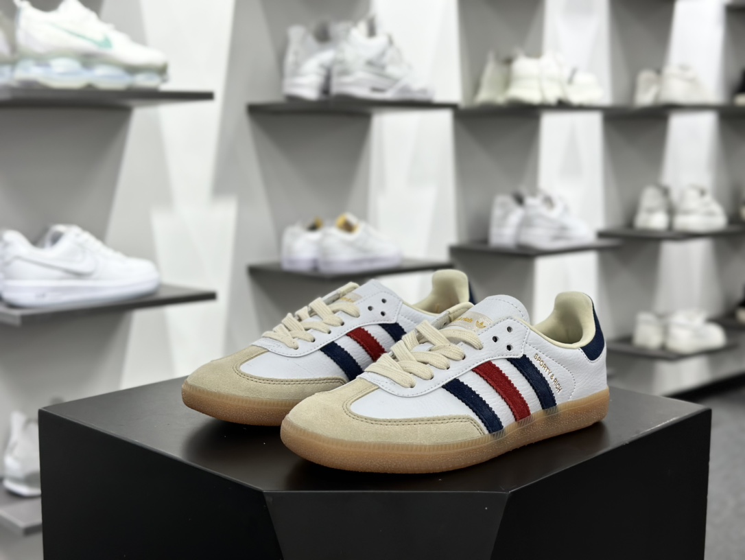 Sporty & Rich x Adidas Originals Samba OG”Olympics”桑巴舞系列绅士运动板鞋“联名白藏蓝学院红金牌”IH8338