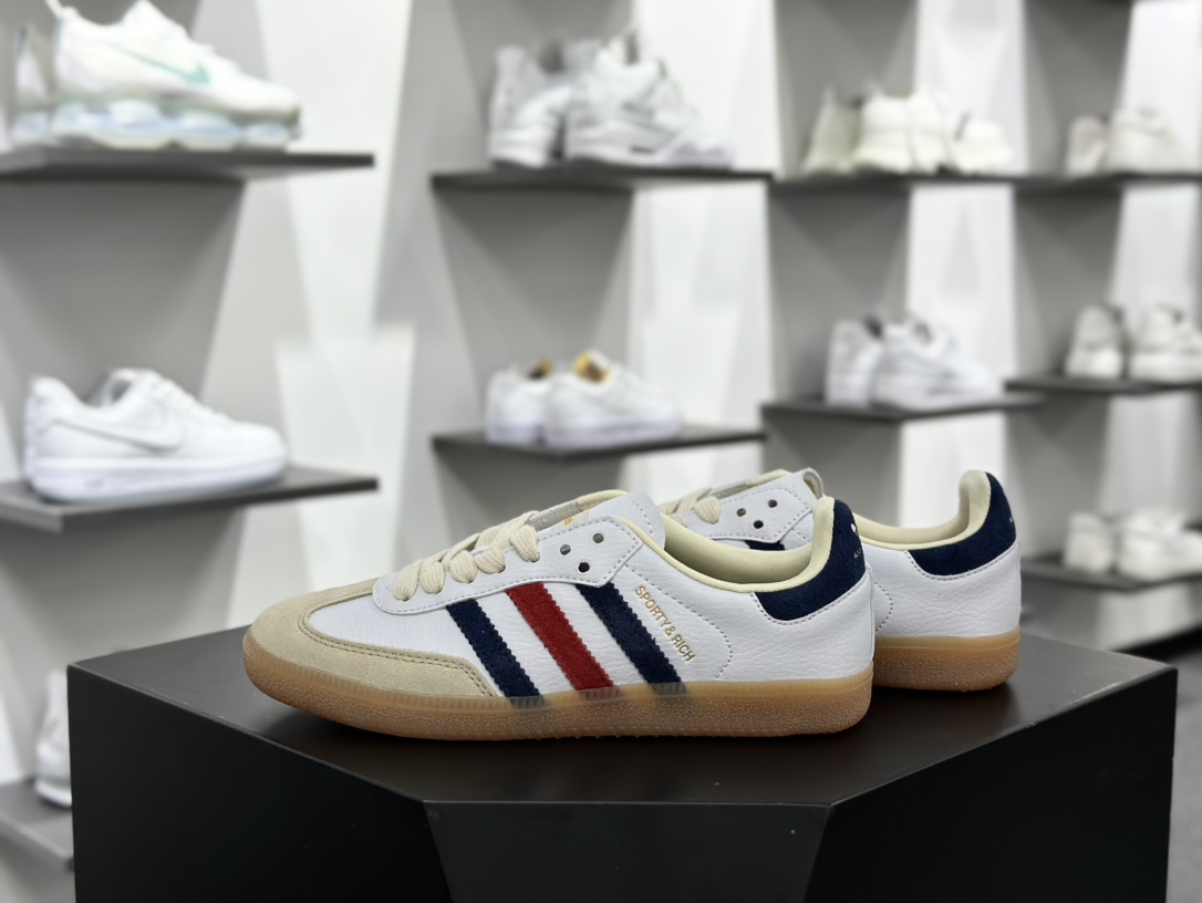 Sporty & Rich x Adidas Originals Samba OG”Olympics”桑巴舞系列绅士运动板鞋“联名白藏蓝学院红金牌”IH8338