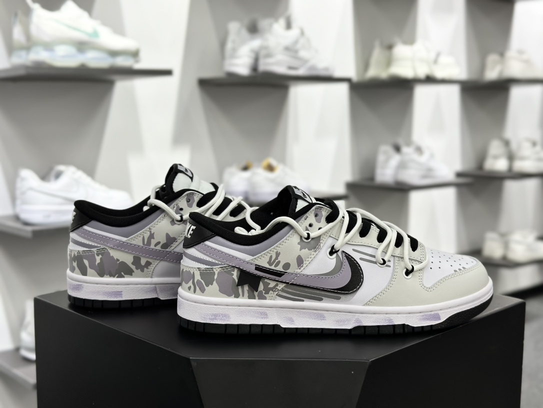 耐克Nike SB Dunk Low Lot”Camo Warship”扣篮系列低帮板鞋“黑白紫灰迷彩军舰绑绳”DD1391-100