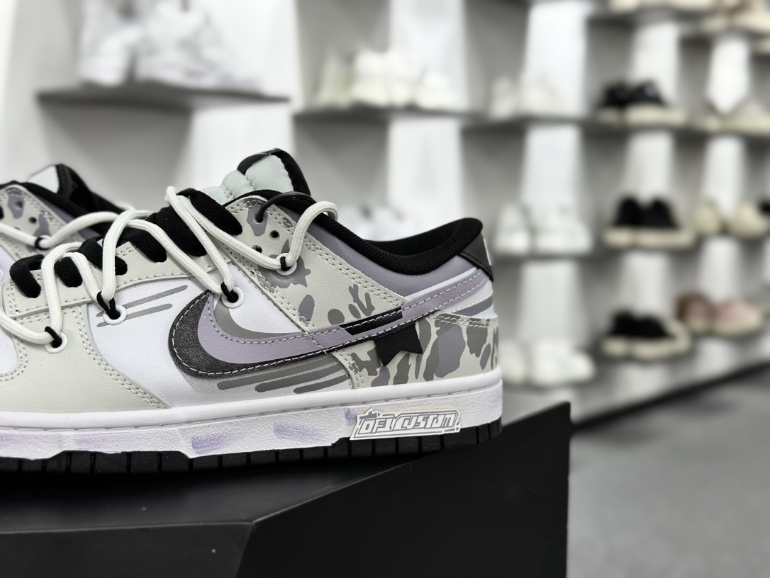 耐克Nike SB Dunk Low Lot”Camo Warship”扣篮系列低帮板鞋“黑白紫灰迷彩军舰绑绳”DD1391-100