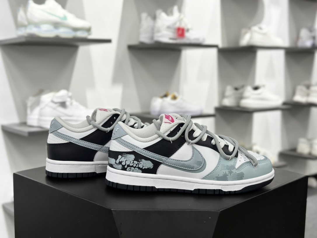 耐克Nike SB Dunk Low”Splash-ink”扣篮滑板板鞋“白灰蓝泼墨绑绳”FB9109-401