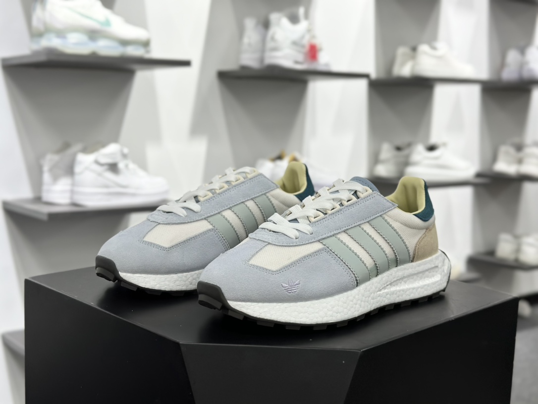 阿迪达斯Adidas Originals Retropy Boost E5 系列复古赛车慢跑鞋“淡蓝绿卡其刺绣三叶草”IF6810