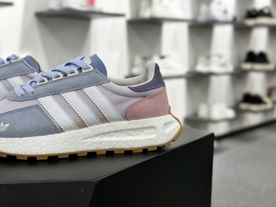 阿迪达斯Adidas Originals Retropy Boost E5 系列复古赛车运动慢跑鞋“浅蓝紫粉白刺绣三叶草”IF6808