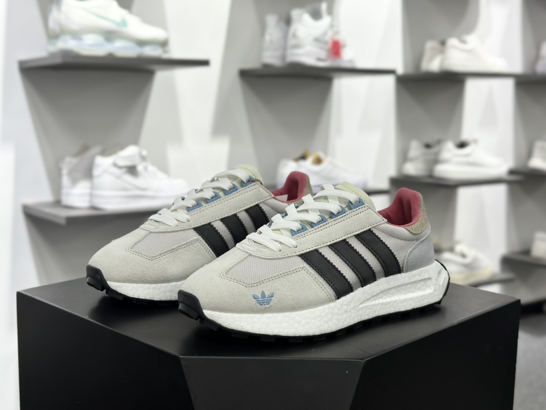 阿迪达斯Adidas Originals Retropy Boost E5 系列复古赛车慢跑鞋“浅灰碳灰蓝刺绣三叶草”IF6809