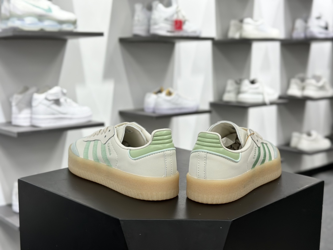 阿迪达斯Adidas Originals Sambae”Beige Mint”桑巴舞板鞋“皮革米白薄荷绿生胶底”IG1947