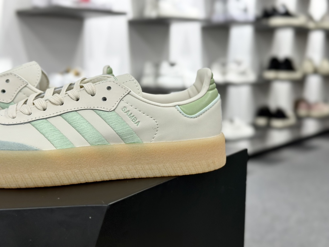 阿迪达斯Adidas Originals Sambae”Beige Mint”桑巴舞板鞋“皮革米白薄荷绿生胶底”IG1947