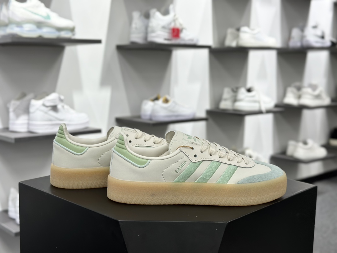 阿迪达斯Adidas Originals Sambae”Beige Mint”桑巴舞板鞋“皮革米白薄荷绿生胶底”IG1947