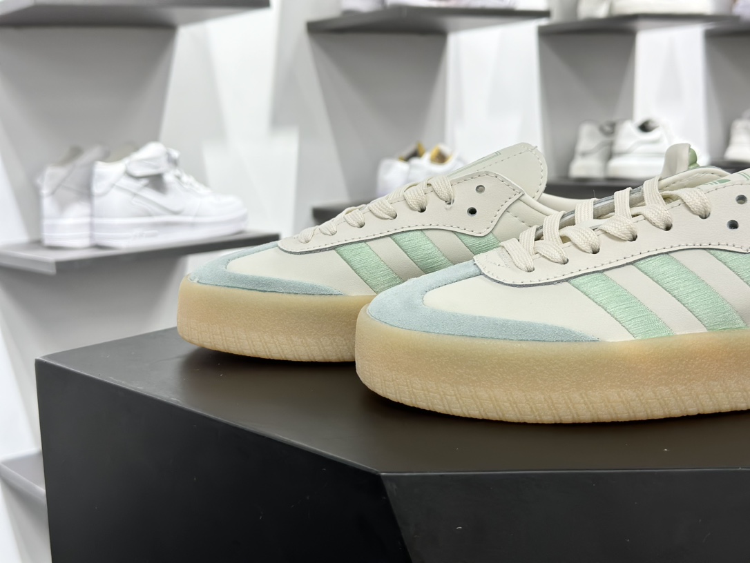 阿迪达斯Adidas Originals Sambae”Beige Mint”桑巴舞板鞋“皮革米白薄荷绿生胶底”IG1947