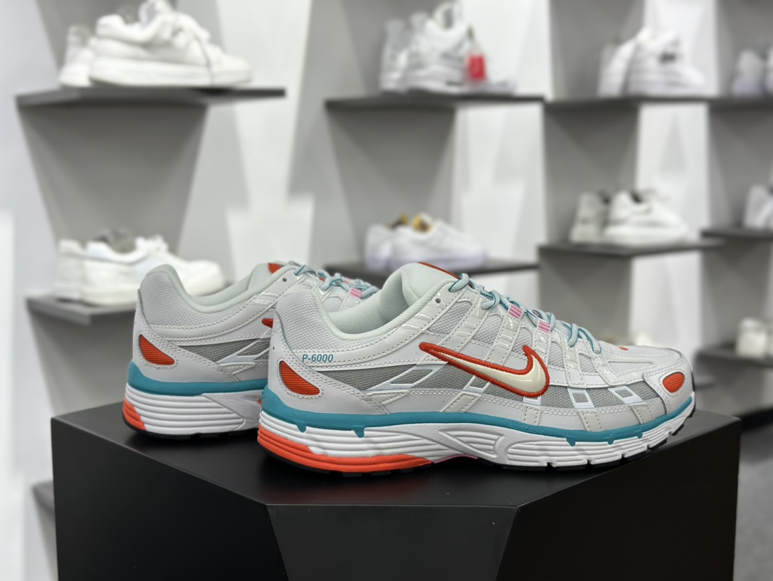 Nike P-6000 Premium”Whit Oracl Aqua Magic”系列低帮复古慢跑鞋“白灰橙水蓝”BV1021-105