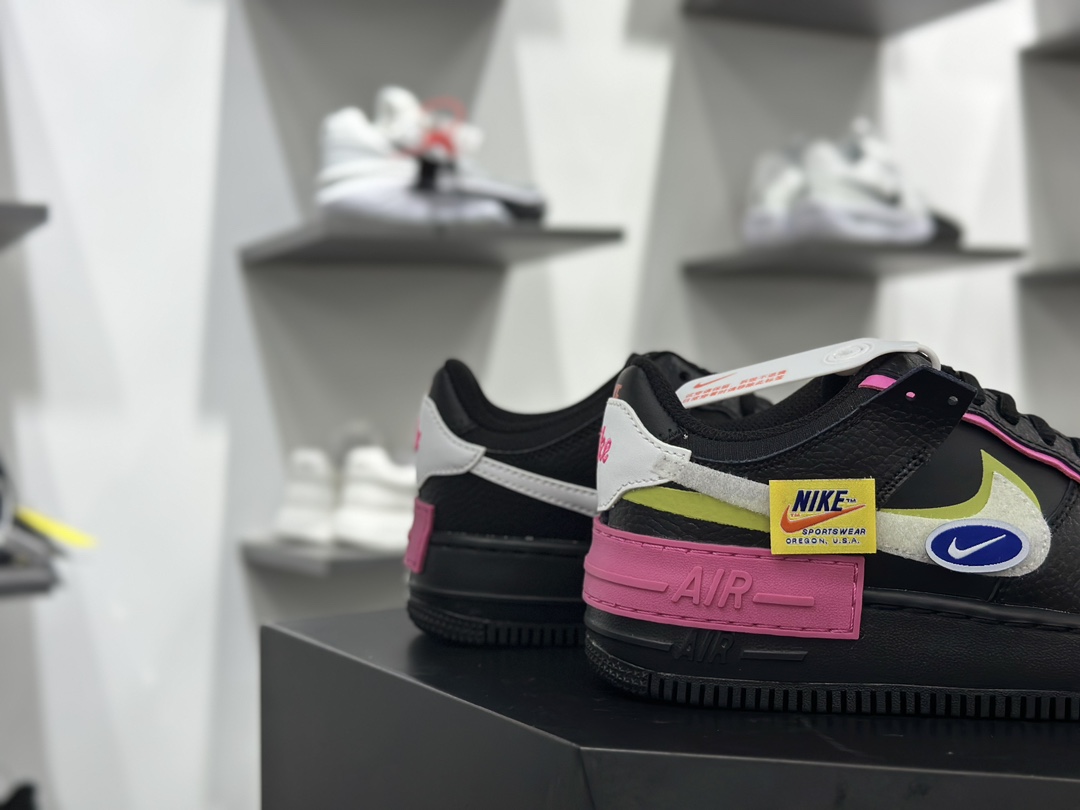 耐克Nike WMNS Air Force 1 Shadow”Black Fuchsia”空军一号板鞋”皮革黑黄宝蓝骚粉笑脸”CU4743-001