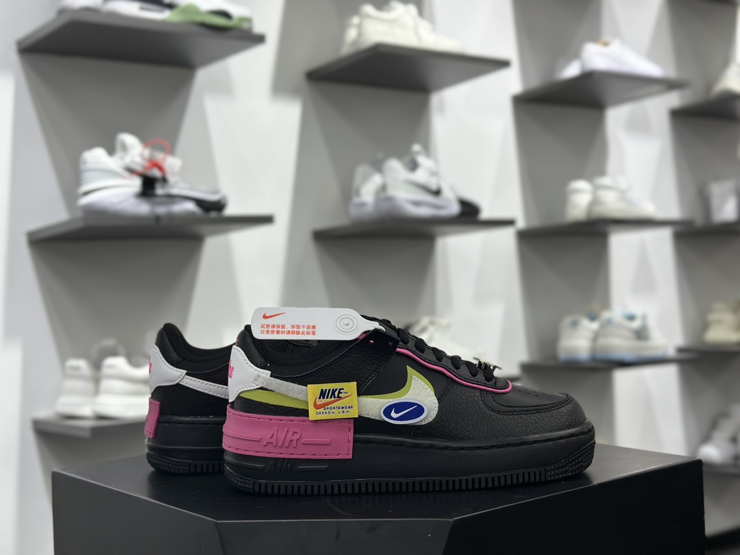 耐克Nike WMNS Air Force 1 Shadow”Black Fuchsia”空军一号板鞋”皮革黑黄宝蓝骚粉笑脸”CU4743-001