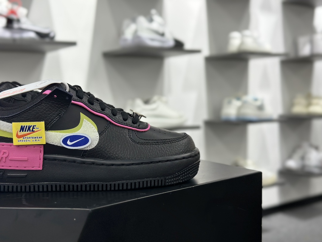 耐克Nike WMNS Air Force 1 Shadow”Black Fuchsia”空军一号板鞋”皮革黑黄宝蓝骚粉笑脸”CU4743-001