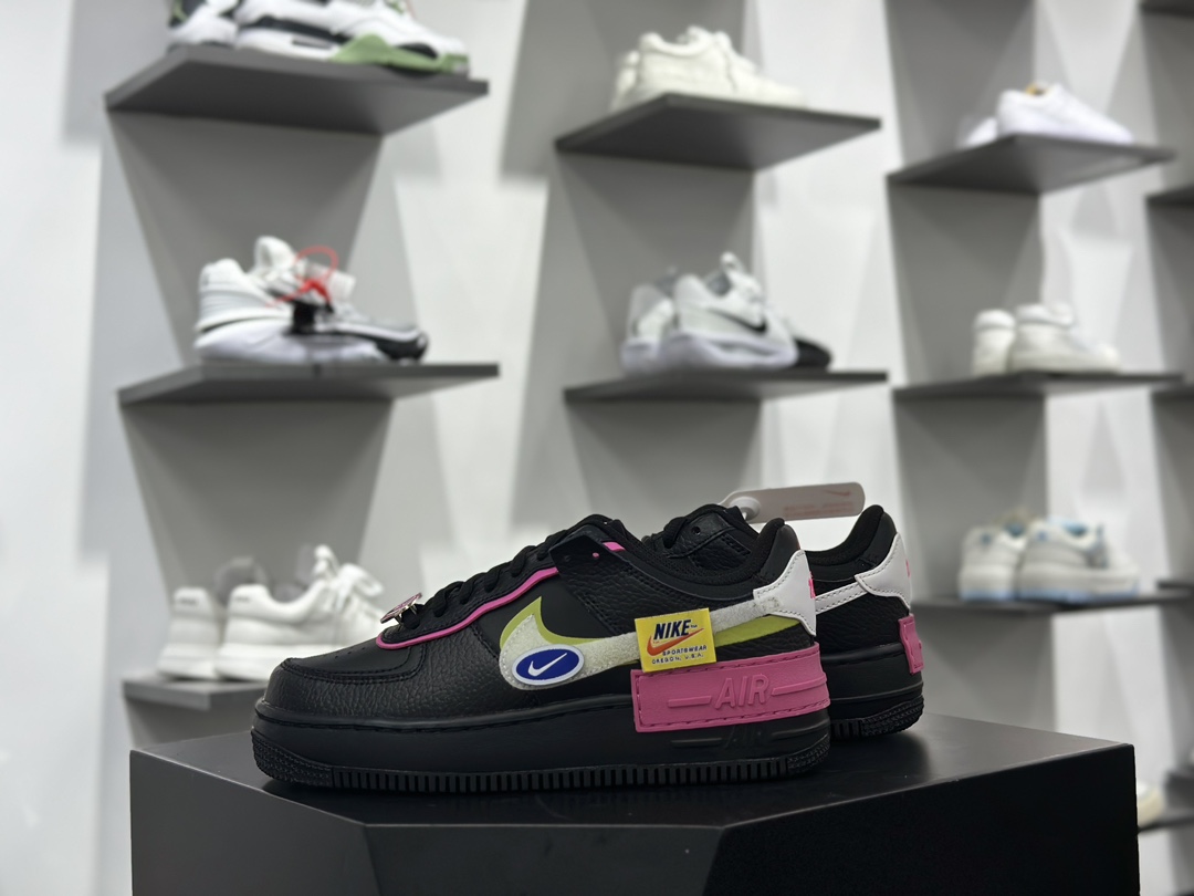 耐克Nike WMNS Air Force 1 Shadow”Black Fuchsia”空军一号板鞋”皮革黑黄宝蓝骚粉笑脸”CU4743-001