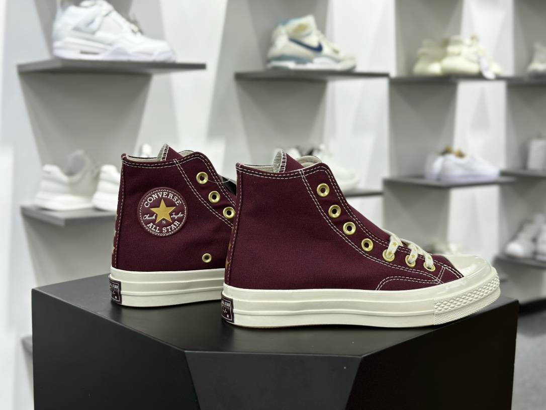 匡威Converse Chuck Taylor All Star 1970s High”Wine Red Beige”复古三星标高帮休闲运动硫化百搭板鞋“帆布酒红奶白金星”A12463C