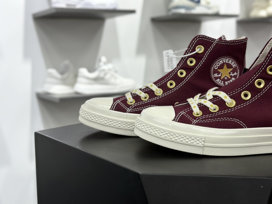 匡威Converse Chuck Taylor All Star 1970s High”Wine Red Beige”复古三星标高帮休闲运动硫化百搭板鞋“帆布酒红奶白金星”A12463C