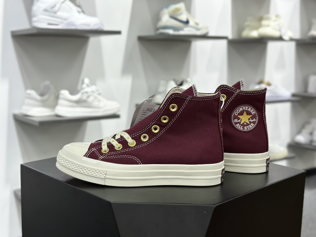 匡威Converse Chuck Taylor All Star 1970s High”Wine Red Beige”复古三星标高帮休闲运动硫化百搭板鞋“帆布酒红奶白金星”A12463C