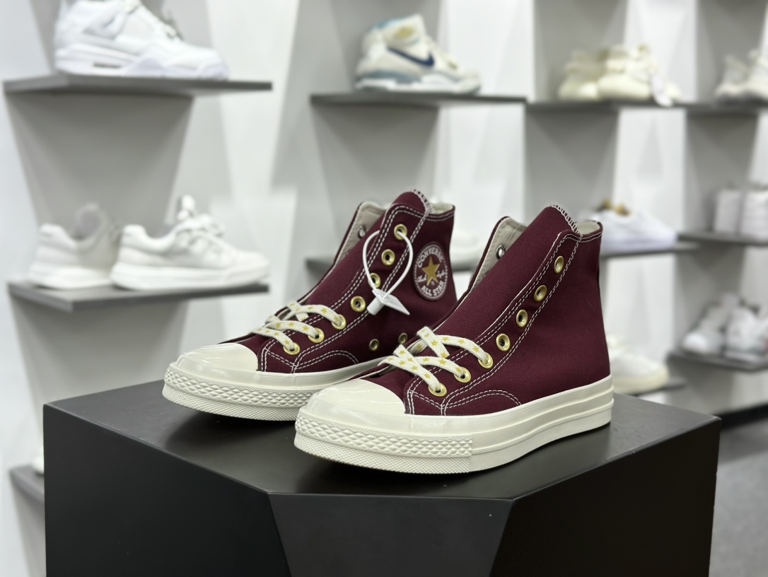 匡威Converse Chuck Taylor All Star 1970s High”Wine Red Beige”复古三星标高帮休闲运动硫化百搭板鞋“帆布酒红奶白金星”A12463C