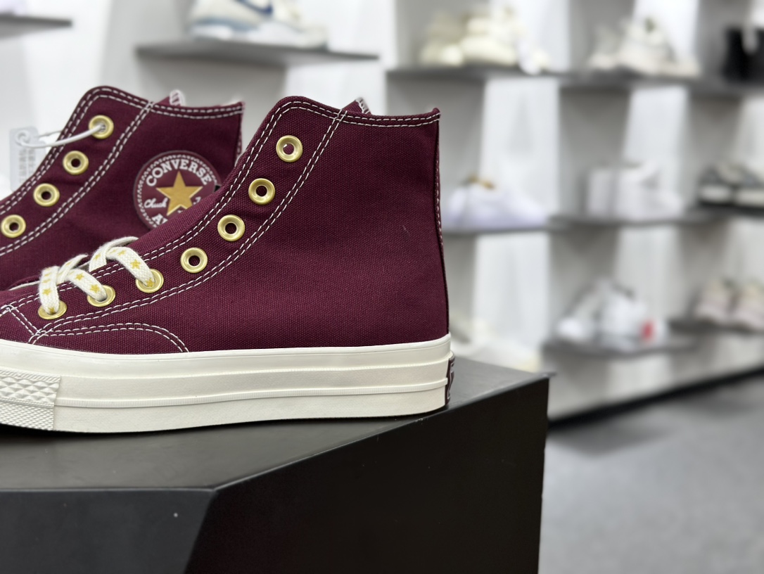 匡威Converse Chuck Taylor All Star 1970s High”Wine Red Beige”复古三星标高帮休闲运动硫化百搭板鞋“帆布酒红奶白金星”A12463C