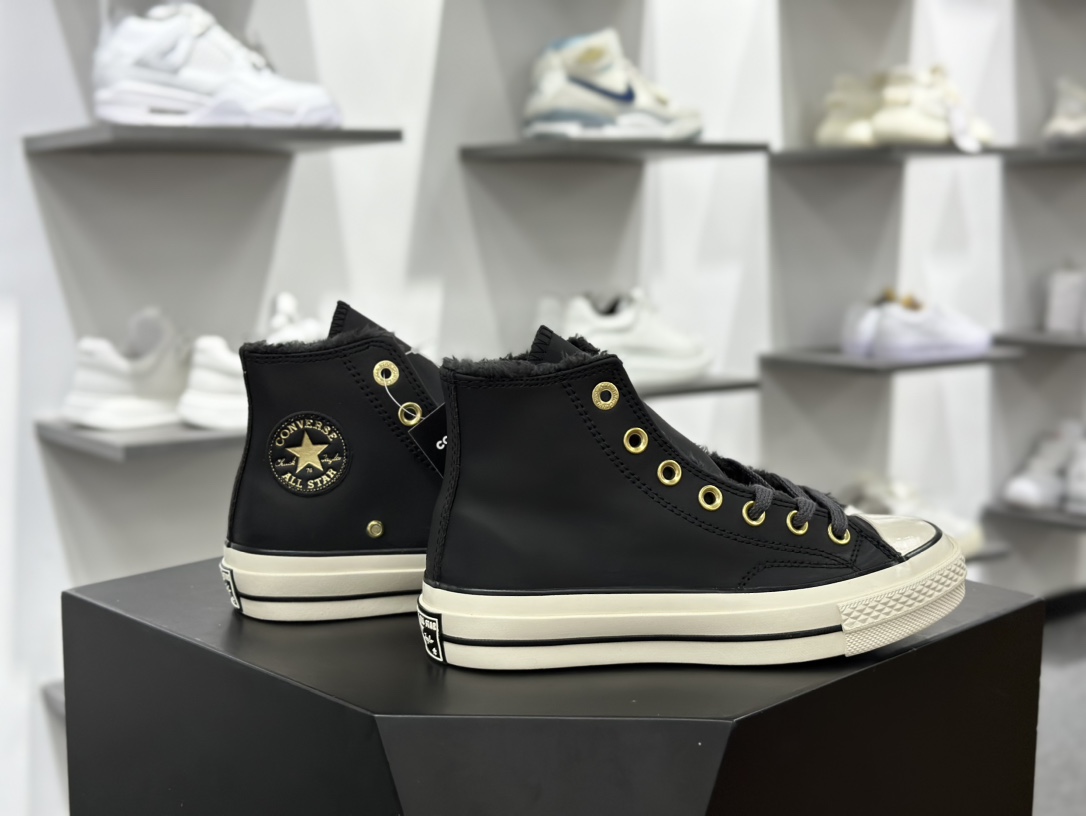 匡威Converse Chuck Taylor All Star 1970 High Leather” Fur Sherpa Vamp Fire”复古三星标板鞋“皮革黑金加绒”A12444C