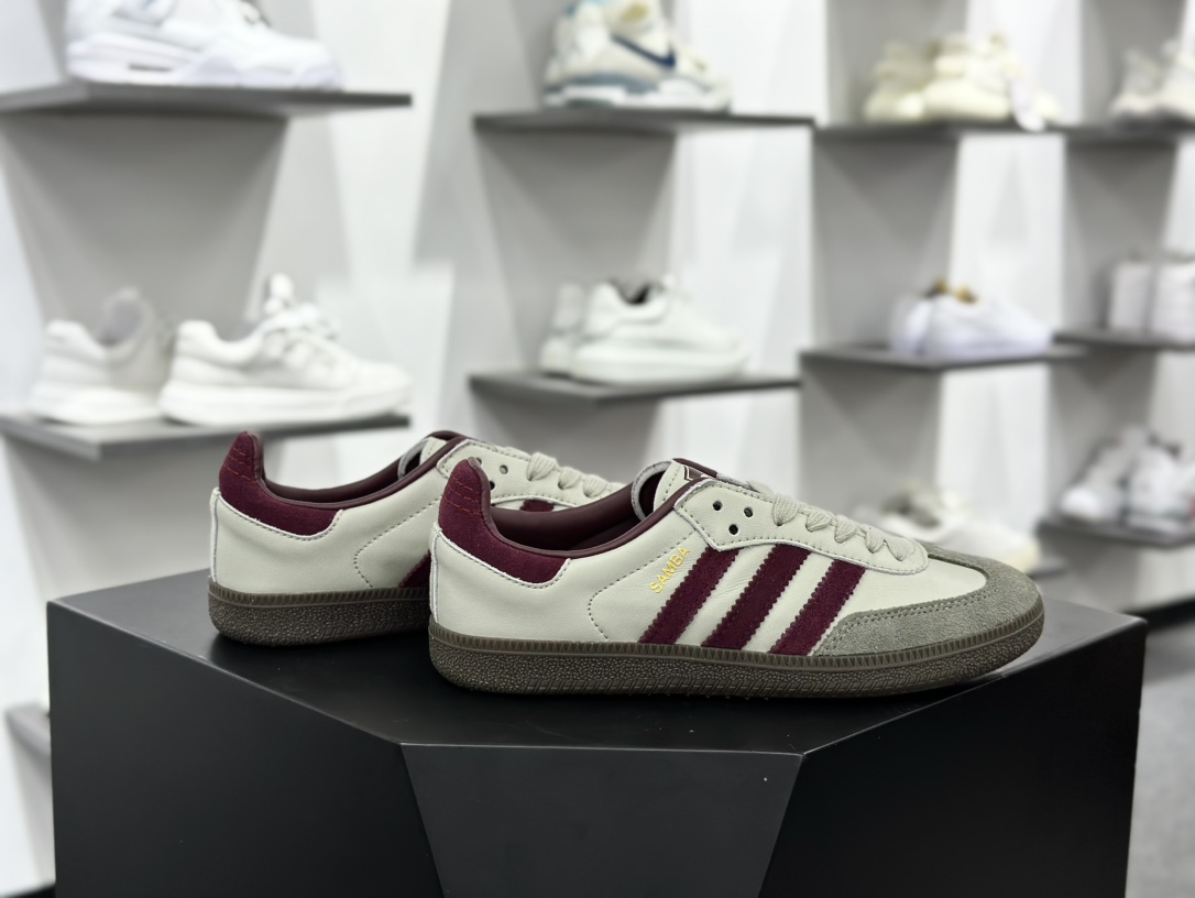 三叶草Adidas Originals Samba OG”Putty Grey Maroon”桑巴舞板鞋“奶灰栗子酒红焦糖底”ID1482