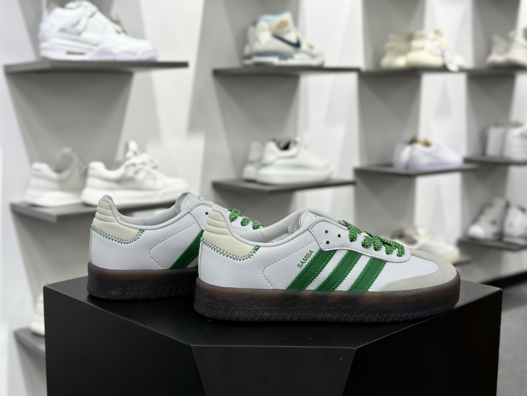 阿迪达斯Adidas Originals Sambae”Dark Green”桑巴舞板鞋“皮革白深绿焦糖底”IE9105