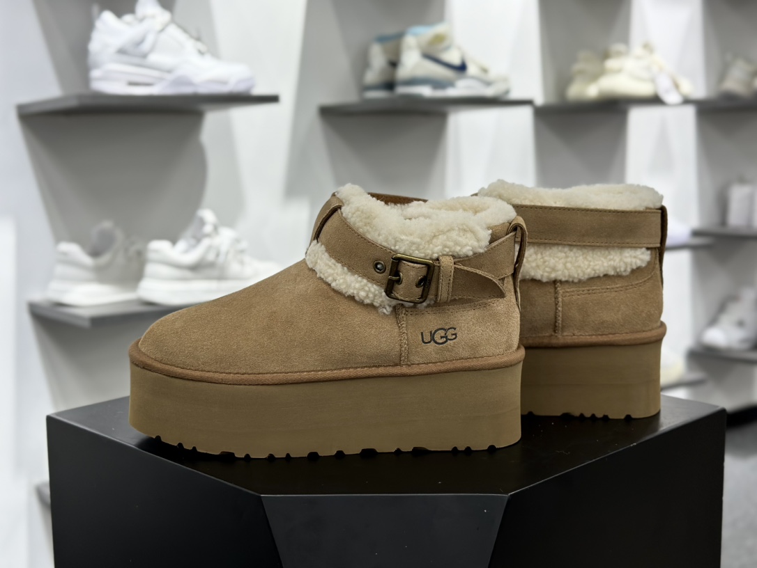 UGG W Ultra Mini Belted Roller Boot 新奇增强厚底版系列搭扣厚底短靴“栗子棕加绒”1144041-CHE