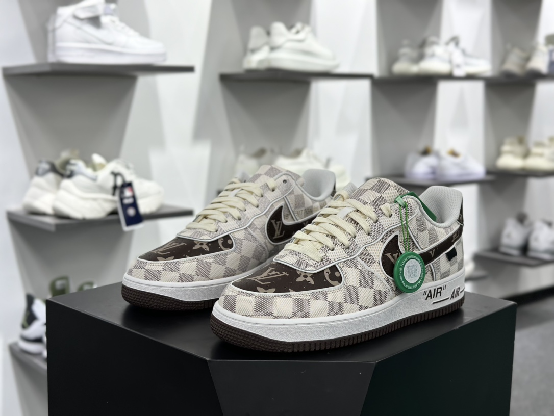 Louis Vuitton x Nike Air Force 1’07 LV8 Low”Damier Azur/Brown/LV Monogram”空军一号板鞋“米白深棕棋盘格子” LD4631-202