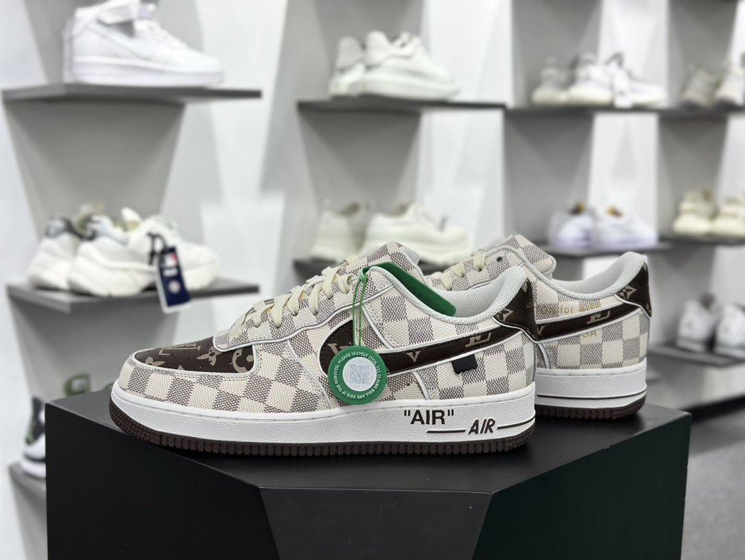 Louis Vuitton x Nike Air Force 1'07 LV8 Low”Damier Azur/Brown/LV Monogram”空军一号板鞋“米白深棕棋盘格子” LD4631-202