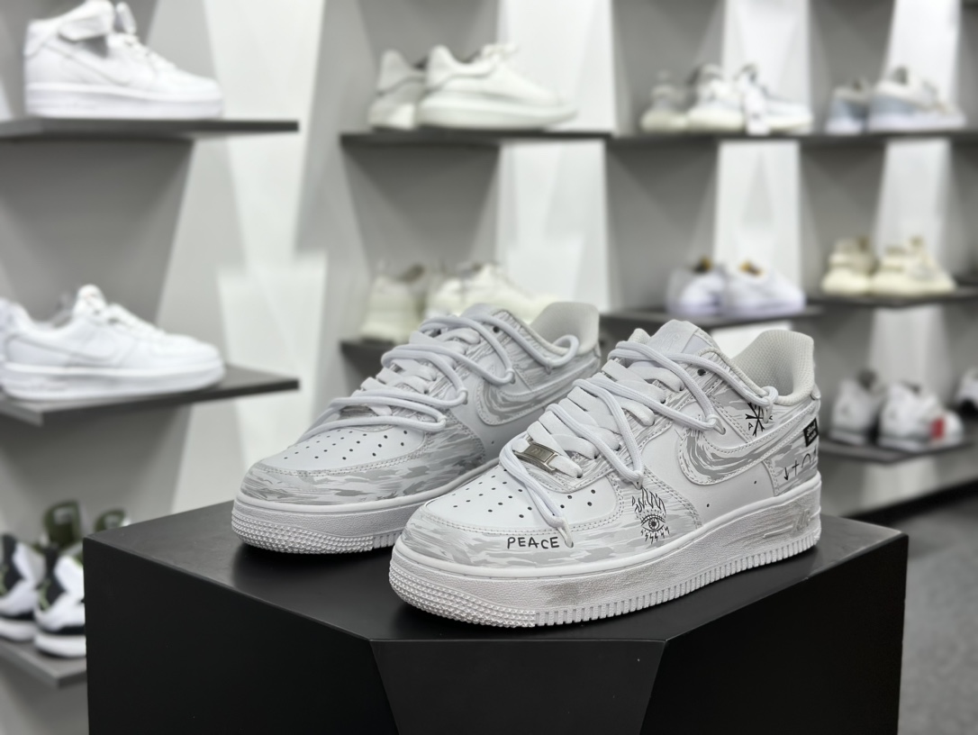 耐克Nike Air Force 1’07 Low Lot”OXIDATE”空军一号低帮板鞋“皮革白灰黑签名涂鸦绑绳” ZH0316-051