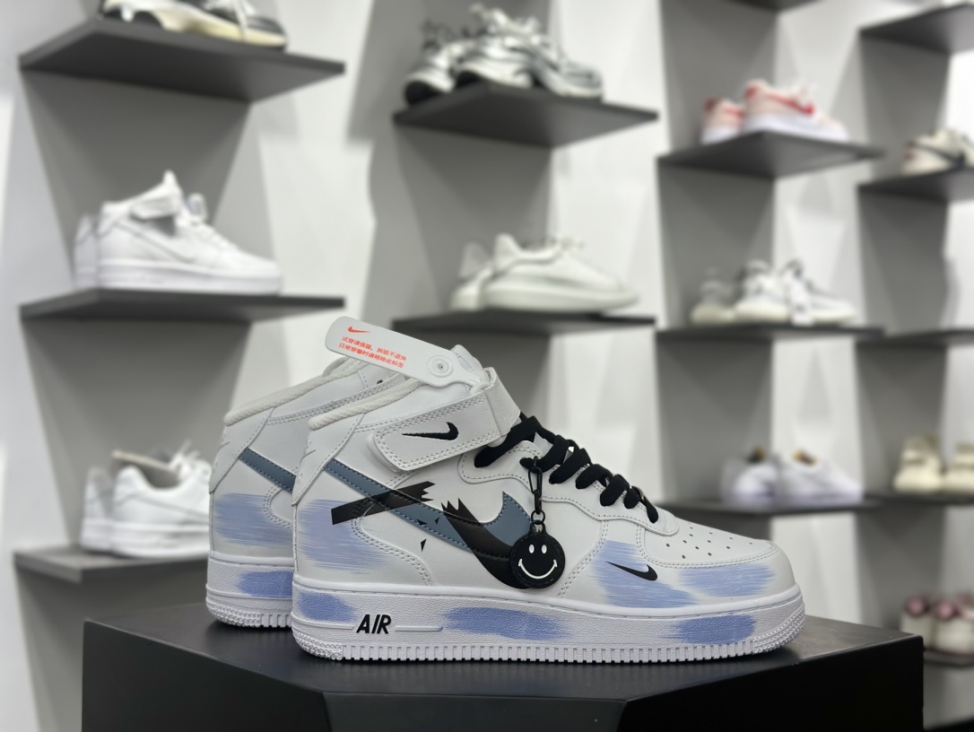 【定制球鞋】Air Force 1 Mid 断裂钩子 白灰蓝涂鸦 经典休闲运动板鞋  ZH0316-056