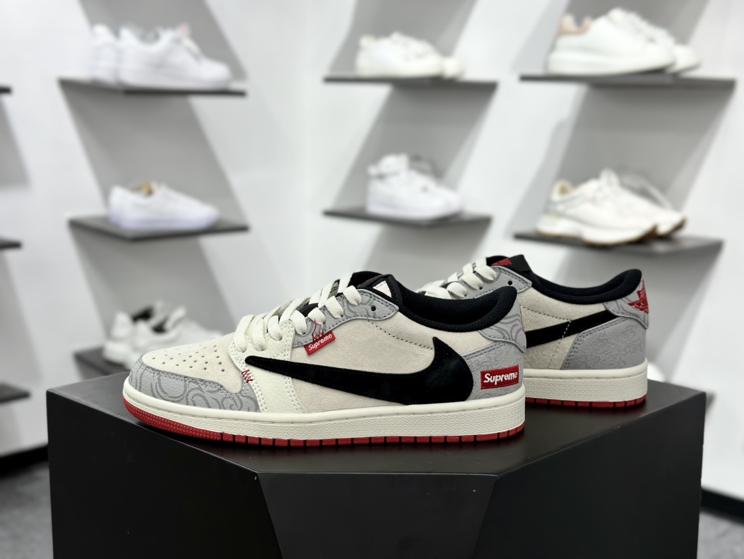 Supreme x Travis Scott x Nike Air Jordan 1 Low OG SP”Supreme”AJ1乔丹一代篮球鞋“TS联名米灰黑刺绣红标倒钩” DM7866-078