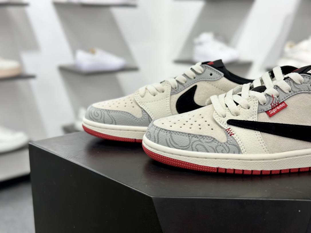 Supreme x Travis Scott x Nike Air Jordan 1 Low OG SP”Supreme”AJ1乔丹一代篮球鞋“TS联名米灰黑刺绣红标倒钩” DM7866-078