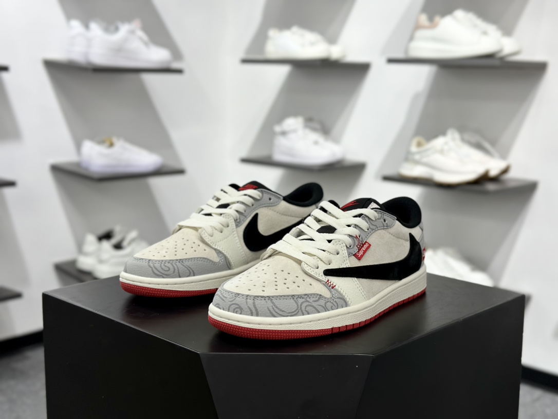 Supreme x Travis Scott x Nike Air Jordan 1 Low OG SP”Supreme”AJ1乔丹一代篮球鞋“TS联名米灰黑刺绣红标倒钩” DM7866-078