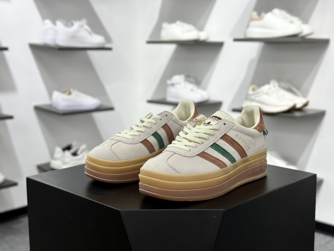 阿迪达斯Adidas Originals Gazelle Bold W 羚羊松糕系列低帮休闲运动板鞋“翻毛浅灰深绿酒红生胶底” IG3685