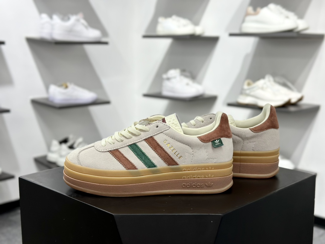 阿迪达斯Adidas Originals Gazelle Bold W 羚羊松糕系列低帮休闲运动板鞋“翻毛浅灰深绿酒红生胶底” IG3685