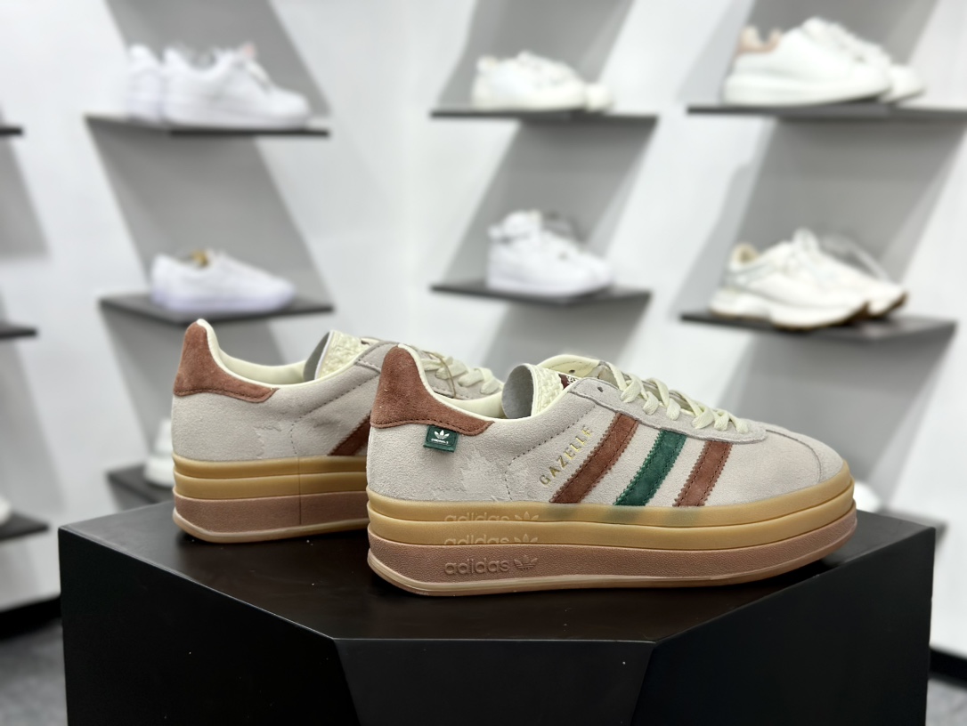 阿迪达斯Adidas Originals Gazelle Bold W 羚羊松糕系列低帮休闲运动板鞋“翻毛浅灰深绿酒红生胶底” IG3685