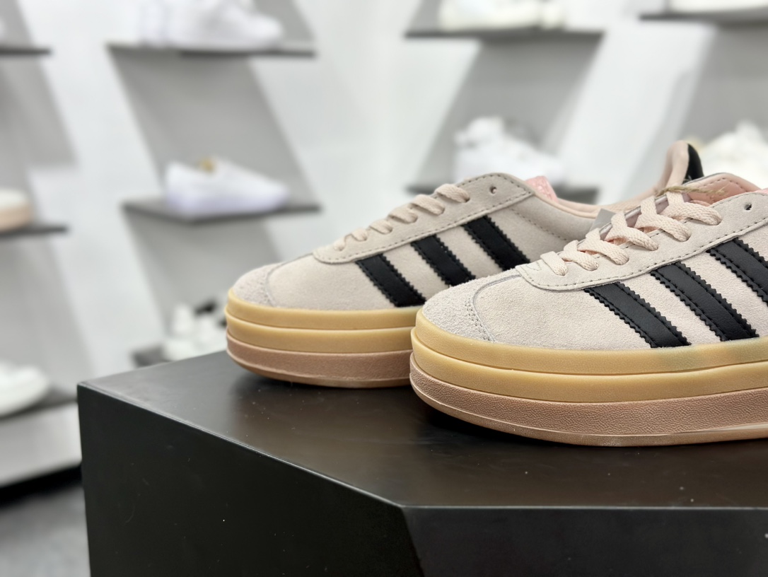 阿迪达斯Adidas Originals Gazelle Bold W 羚羊松糕系列复古百搭厚底增高低帮板鞋“翻毛胭脂粉黑生胶底” IE0429
