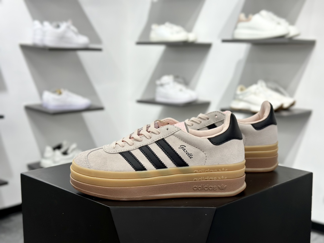 阿迪达斯Adidas Originals Gazelle Bold W 羚羊松糕系列复古百搭厚底增高低帮板鞋“翻毛胭脂粉黑生胶底” IE0429