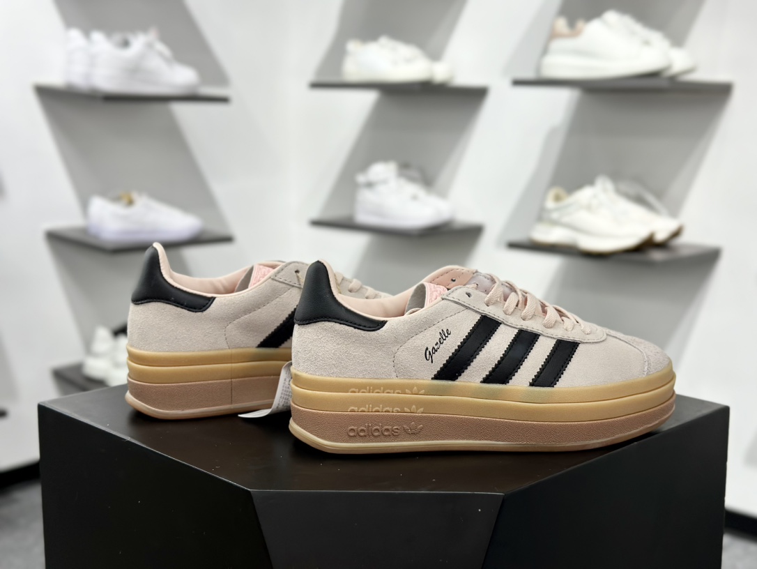 阿迪达斯Adidas Originals Gazelle Bold W 羚羊松糕系列复古百搭厚底增高低帮板鞋“翻毛胭脂粉黑生胶底” IE0429