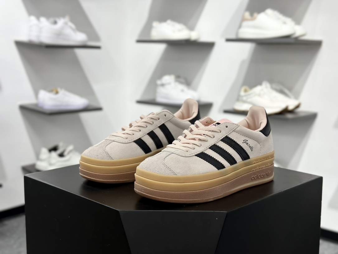 阿迪达斯Adidas Originals Gazelle Bold W 羚羊松糕系列复古百搭厚底增高低帮板鞋“翻毛胭脂粉黑生胶底” IE0429
