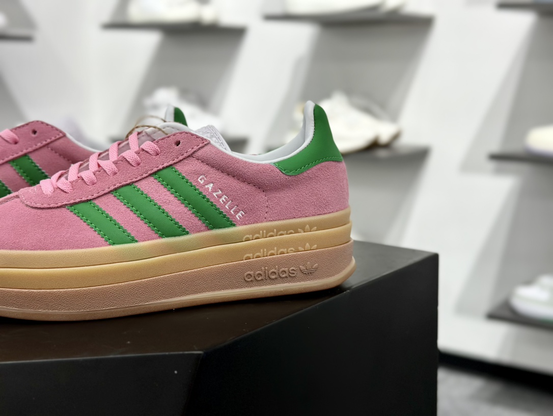 阿迪达斯Adidas Originals Gazelle Bold W 羚羊松糕系列低帮休闲运动板鞋“翻毛淡粉红绿生胶底” IE0420