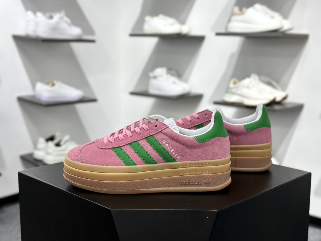 阿迪达斯Adidas Originals Gazelle Bold W 羚羊松糕系列低帮休闲运动板鞋“翻毛淡粉红绿生胶底” IE0420