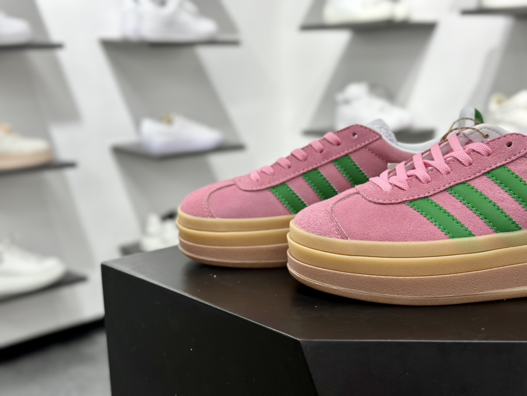 阿迪达斯Adidas Originals Gazelle Bold W 羚羊松糕系列低帮休闲运动板鞋“翻毛淡粉红绿生胶底” IE0420