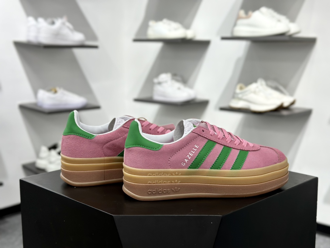 阿迪达斯Adidas Originals Gazelle Bold W 羚羊松糕系列低帮休闲运动板鞋“翻毛淡粉红绿生胶底” IE0420