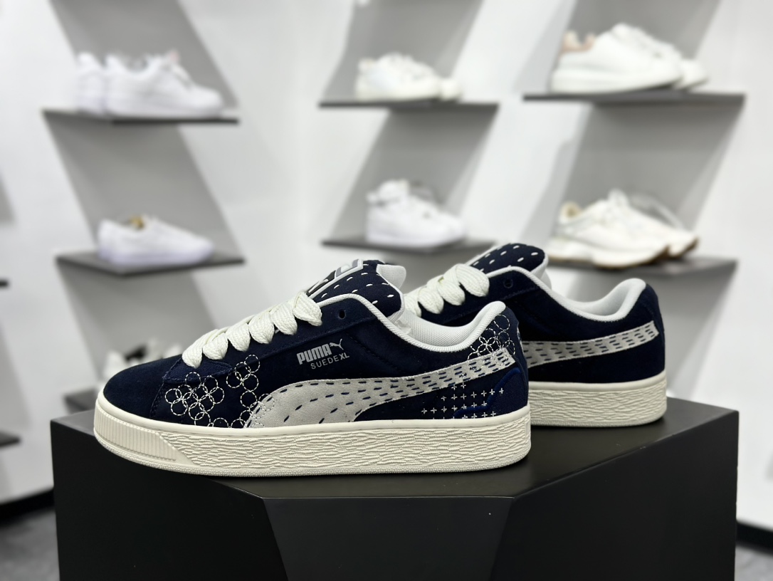 彪马PUMA Suede Low XL”Sashiko”经典明星系列低帮面包运动板鞋“翻毛藏蓝浅灰刺子绣” 395777-01