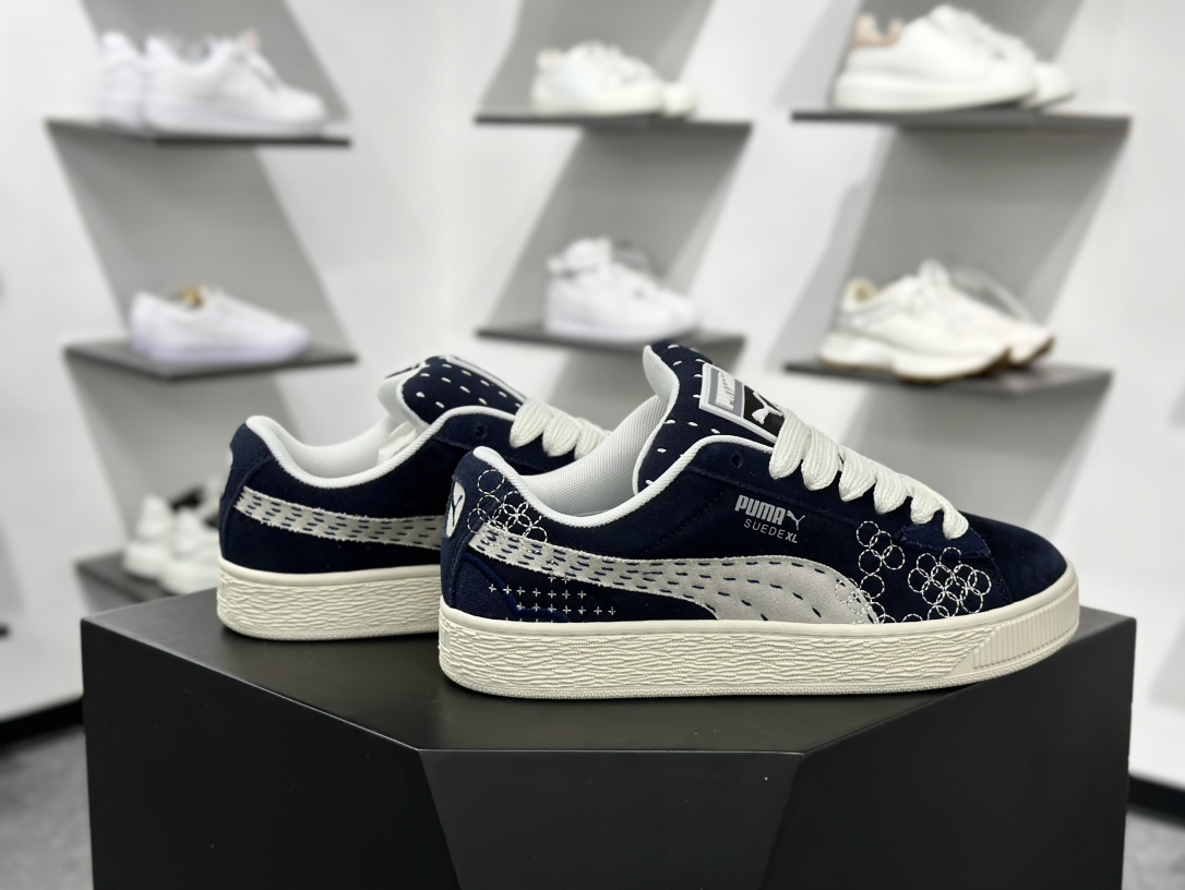 彪马PUMA Suede Low XL”Sashiko”经典明星系列低帮面包运动板鞋“翻毛藏蓝浅灰刺子绣” 395777-01